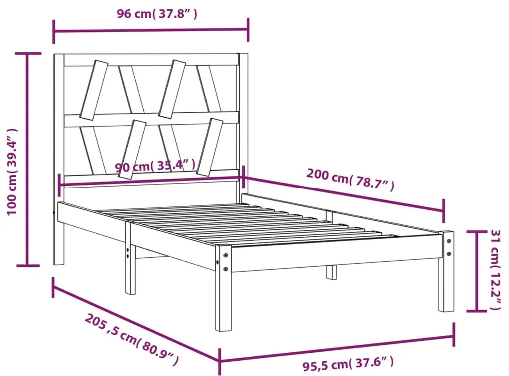 Estrutura de cama 90 x 200 cm pinho maciço