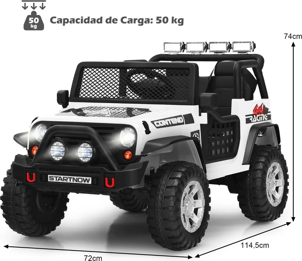 Carro elétrico 12V para crianças com controlo remoto, 3 velocidades, suspensão, música e buzina, para 3 a 7 anos, Branco