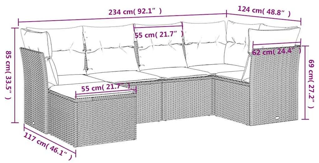 6 pcs conjunto de sofás jardim c/ almofadões vime PE castanho