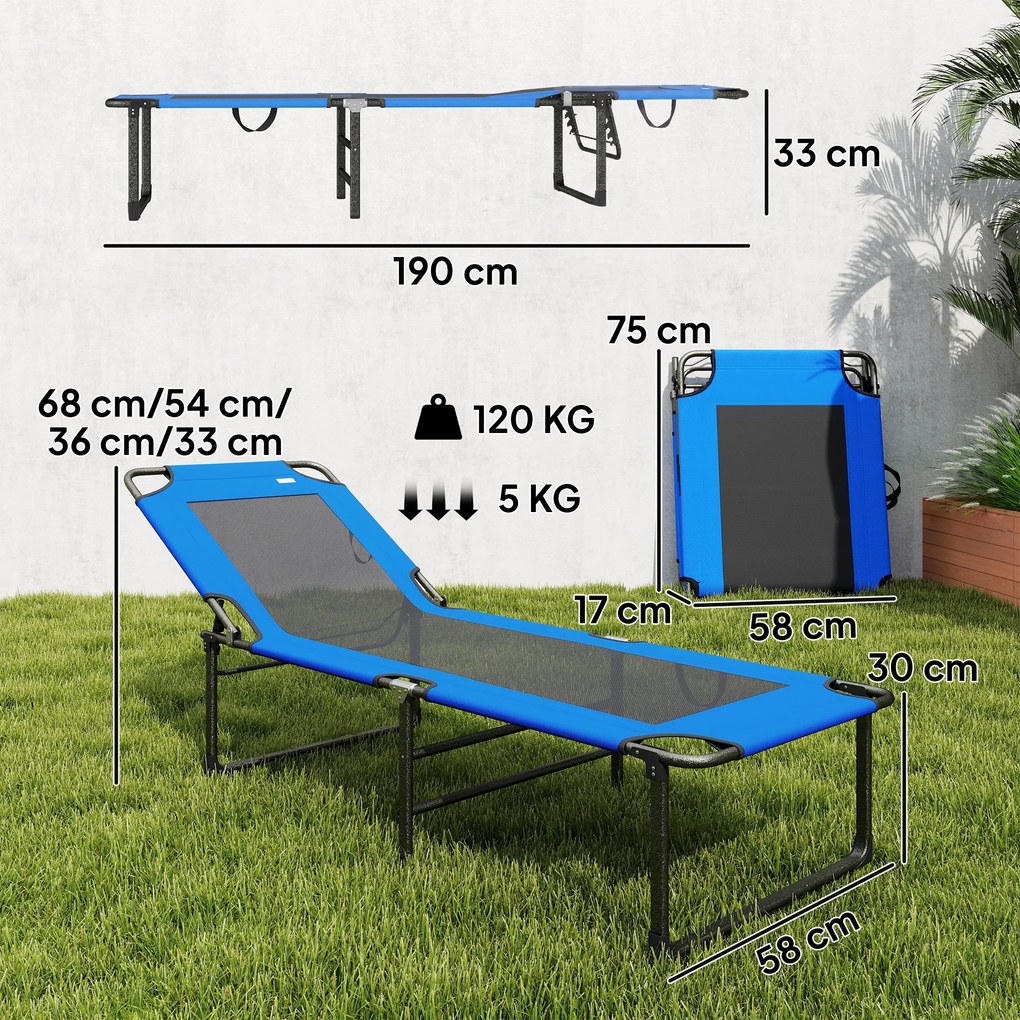 Espreguiçadeira Dobrável com Encosto Ajustável em 4 Posições Alças e Encosto de Textilene Suporta até 120 kg 175x58x68 cm Azul