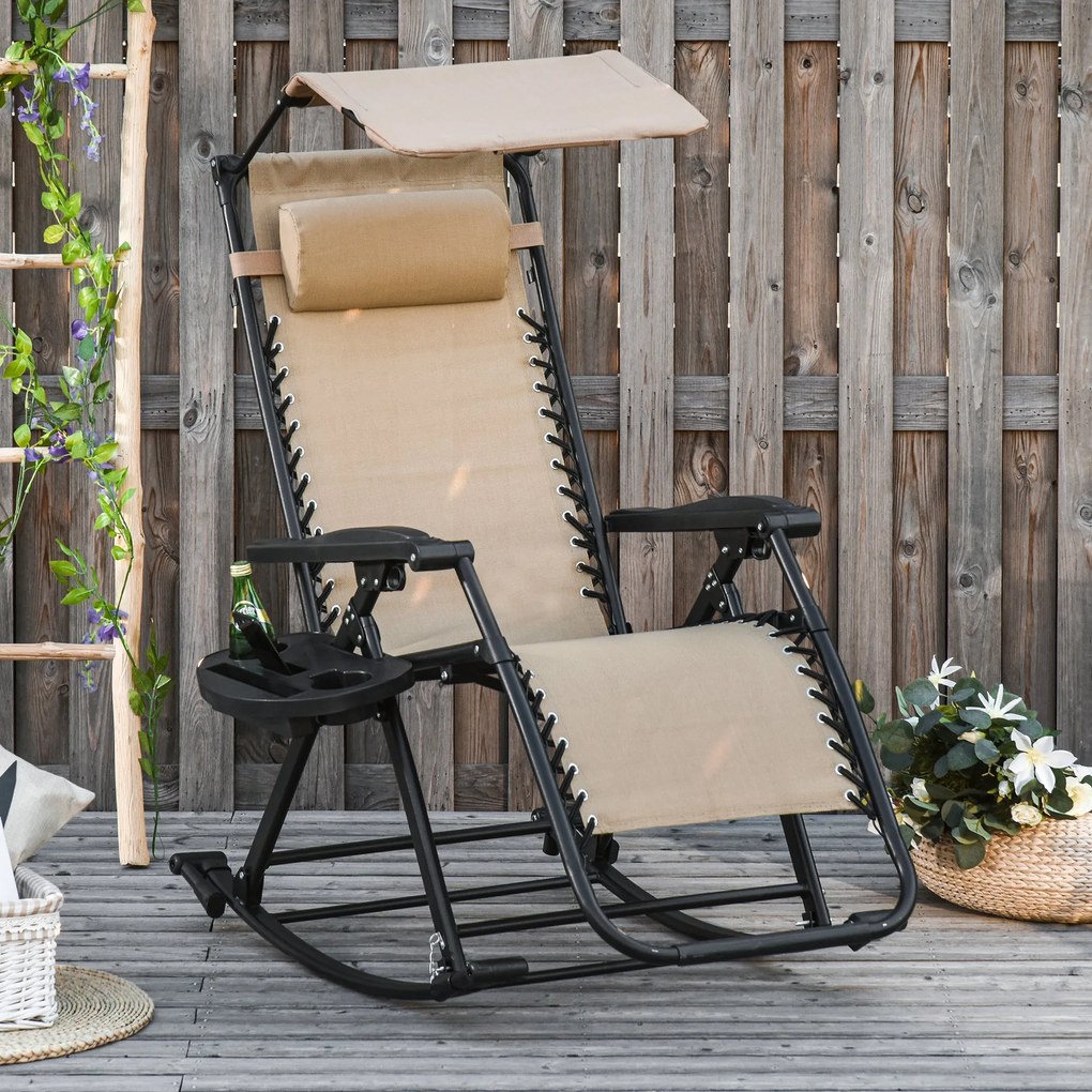 Espreguiçadeira de balanço de jardim dobrável reclinável com toldo de proteção solar Estrutura de aço 120x67x102 cm Bege escuro