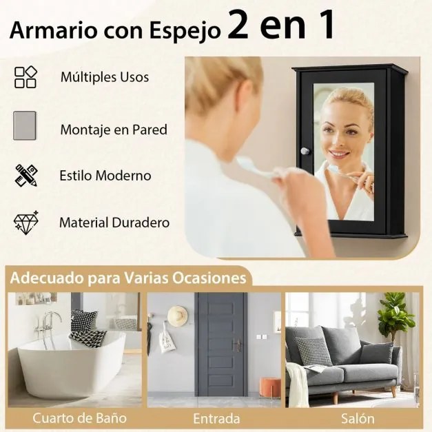 Armário de casa banho com espelho 34 x 15 x 51 cm de parede com uma porta e prateleira ajustável para casa, banheiro, cozinha Preto