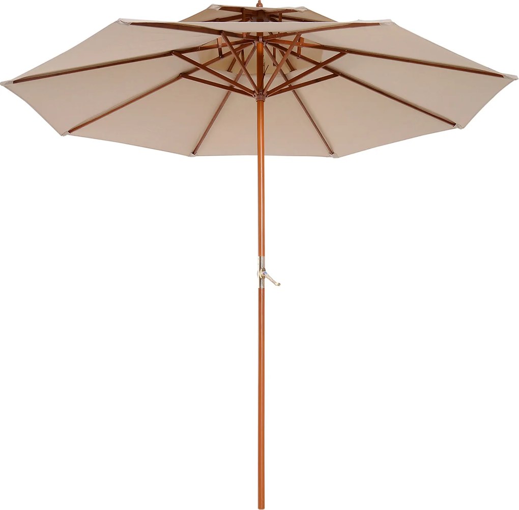 Guarda-sol de madeira, vertical (BASE NÃO INCLUIDA), com 2 telas de poliéster de 180 g/m², diâmetro 2,7 m x 2,6 m de altura, bege