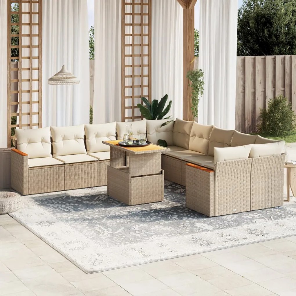 11 pcs conjunto sofás de jardim c/ almofadões vime PE bege
