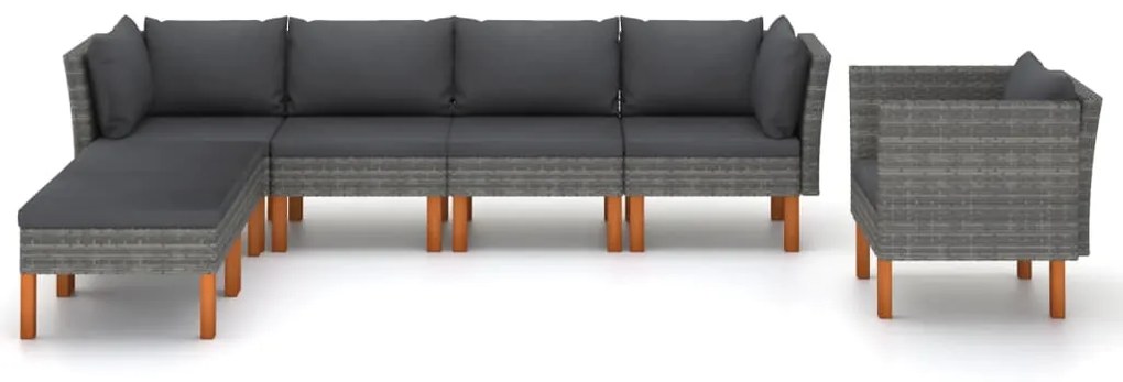 7 pcs conj. lounge jardim vime PE e madeira eucalipto cinzento