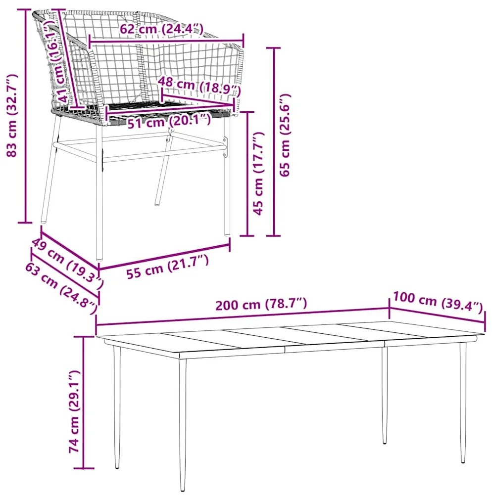 Conjunto de jantar jardim 7 peças vidro vime PE preto