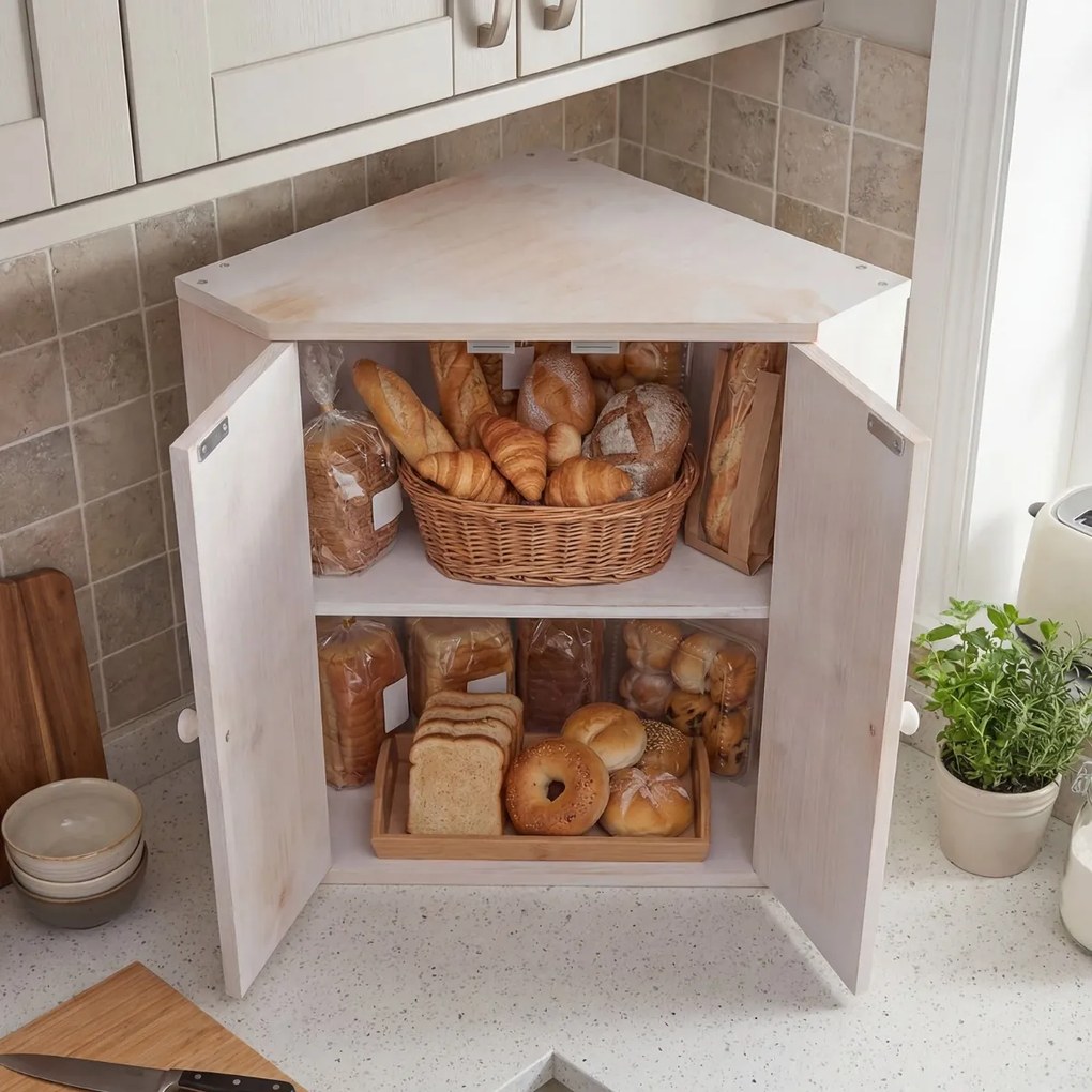 Caixa de pão de canto em bambu de dupla camada com prateleira ajustável 31 x 31 x 41 cm, e estilo rústico, para bancada de cozinha, branco Antigo