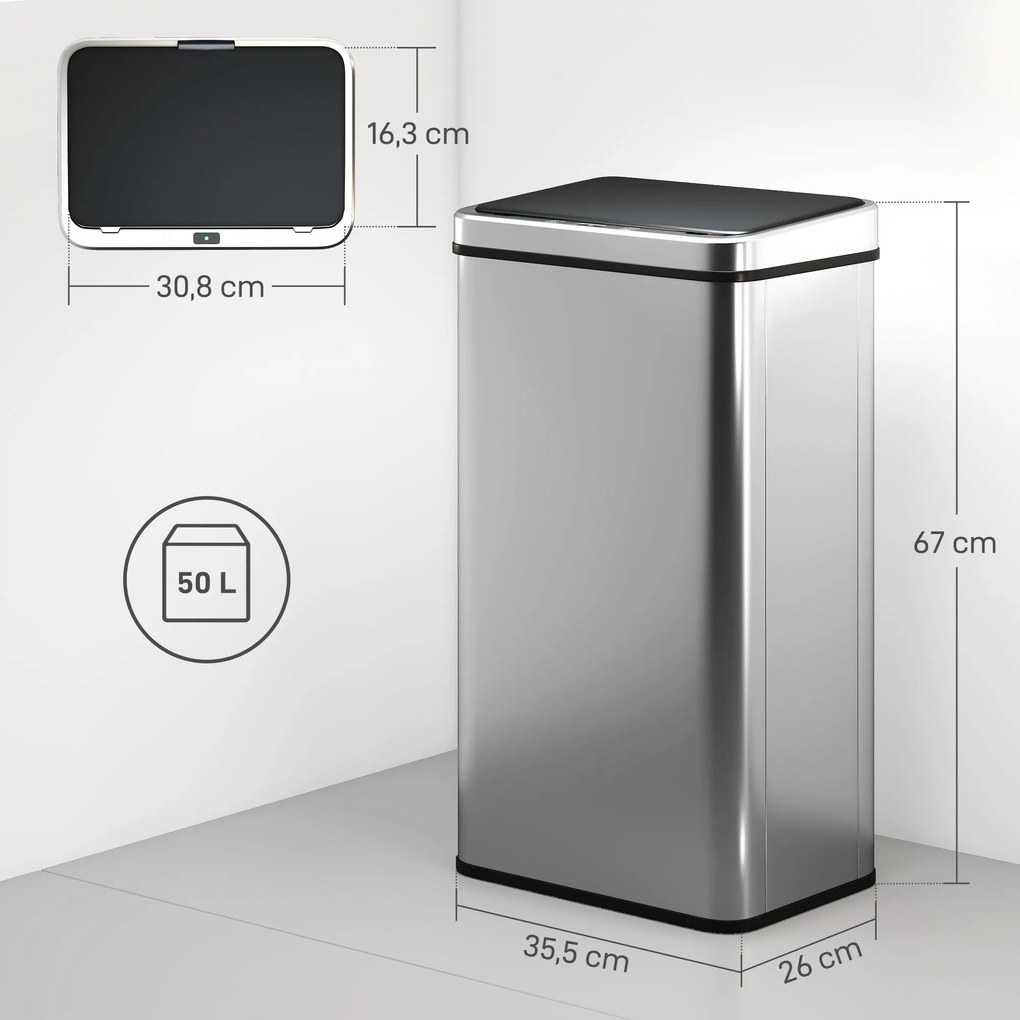 Caixote do Lixo de Cozinha com Sensor, 35,5 x 26 x 67 cm, Capacidade de 50 L, Prateado