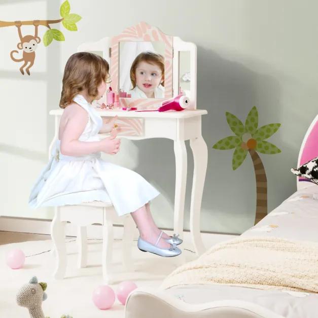 Toucador maquiagem infantil com banco de madeira 2 em 1 com espelho tríptico removível e gaveta conjunto de mesa princesa rosa