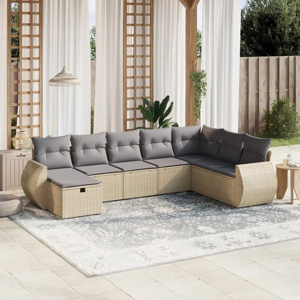 vidaXL 8 pcs conj. sofás jardim c/ almofadões vime PE bege misturado