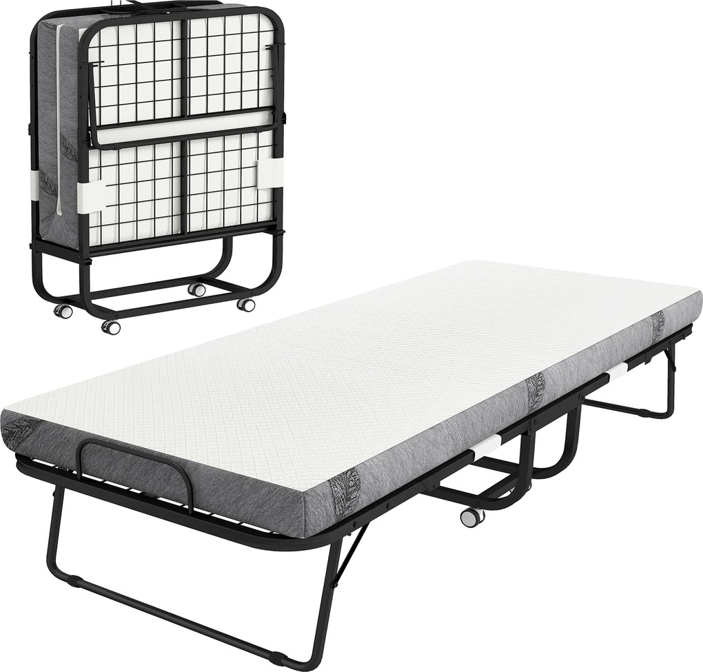 HOMCOM Cama Dobrável 200x90x42,5cm Cama de Campismo Portátil com Colchão Individual Rodas e Freios Carga Máxima 150kg Branco | Aosom Portugal