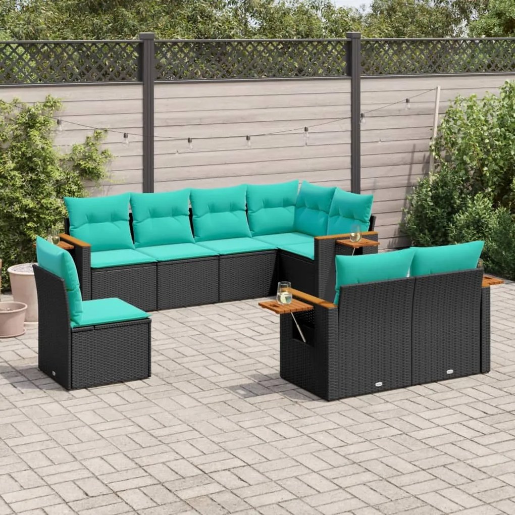 8 pcs conjunto de sofás p/ jardim c/ almofadões vime PE preto