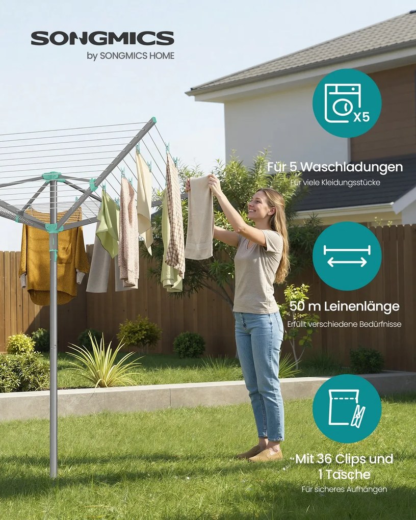 Estendal de roupa giratório 139,3 x 139,3 x 181,5 cm com capa protetora e 50 m de corda para 5 cargas de roupa Prateado