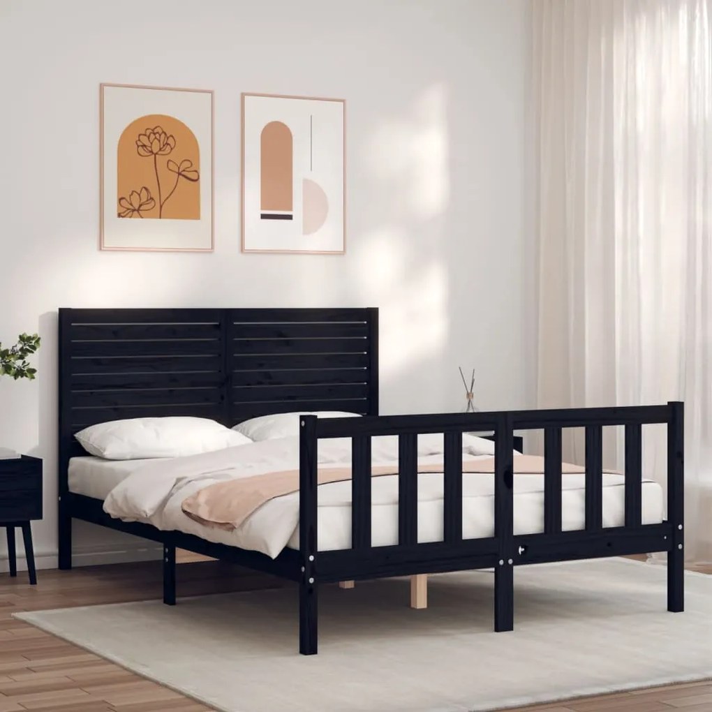 Estrutura de cama com cabeceira 140x200 cm madeira maciça preto