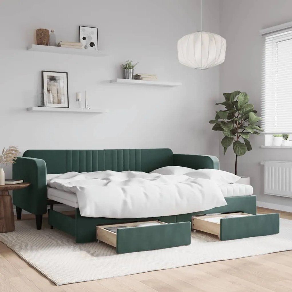 Sofá-cama c/ gavetão e gavetas 80x200cm veludo verde-escuro