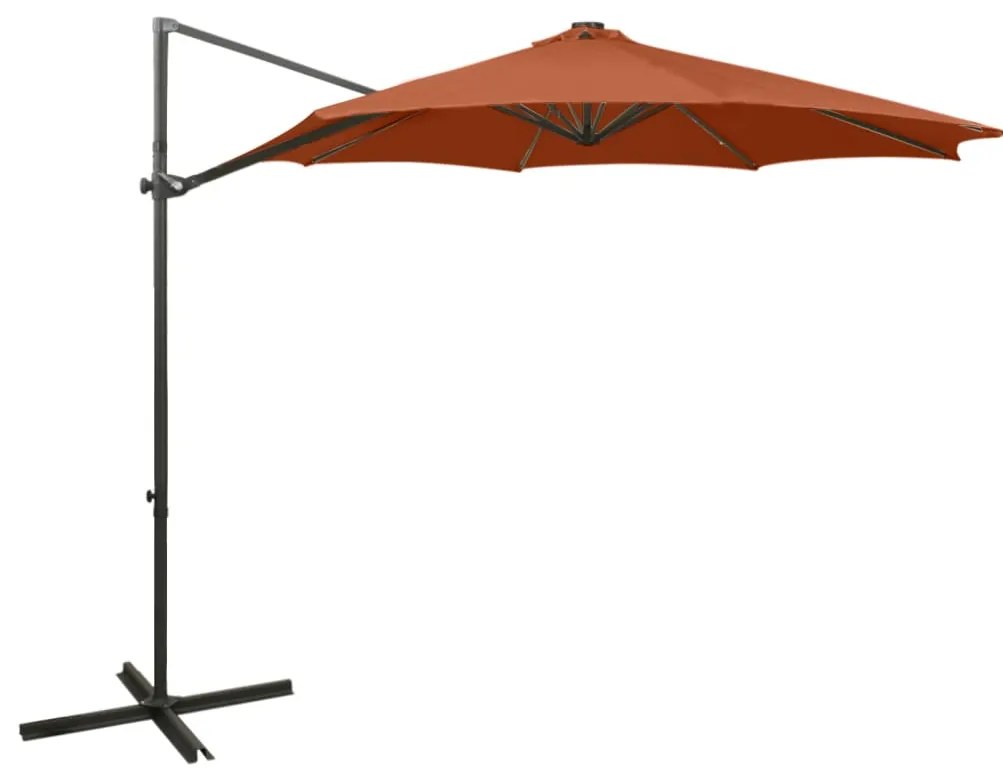 Guarda-sol jardim cantilever c/ poste/luzes LED 300cm terracota
