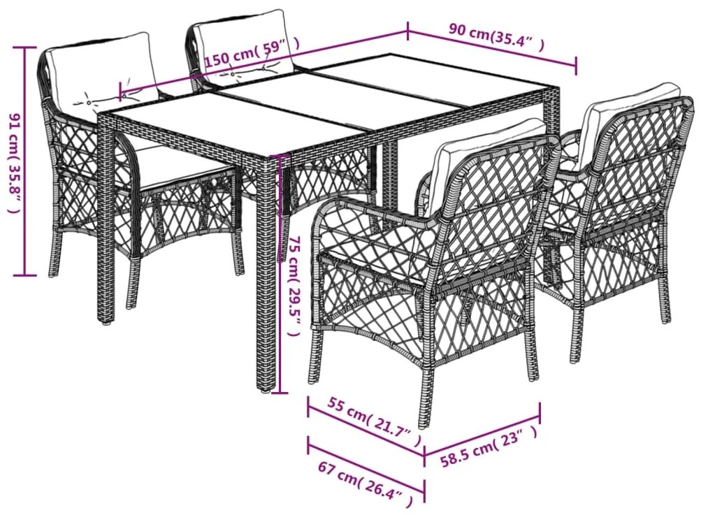 5 pcs conjunto de jantar p/ jardim c/ almofadões vime PE cinza