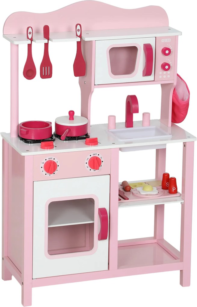 AIYAPLAY Cozinha infantil para brincar, acessórios em madeira, eletrodomésticos, compacta, com sons, Rosa | Aosom Portugal