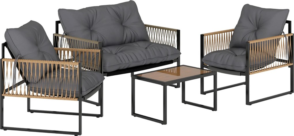 Outsunny Conjunto de Jardim Exterior de Vime Sintético com 2 Poltronas 1 Sofá de 2 Lugares 1 Mesa de Centro e Almofadas Cinzento | Aosom Portugal