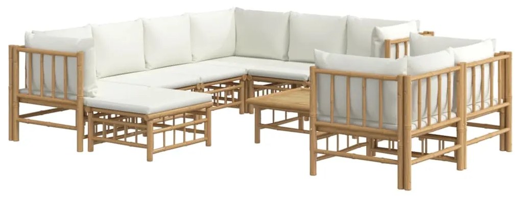 10pcs conjunto lounge de jardim bambu c/ almofadões branco nata