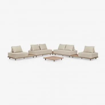 Conjunto De Sala Com Sofá Modular De Canto De 4 Peças Com Mesas Auxiliares E Mesa De Centro 95x95 Cm Em Acácia Portet Marrom Acácia Claro - Sklum