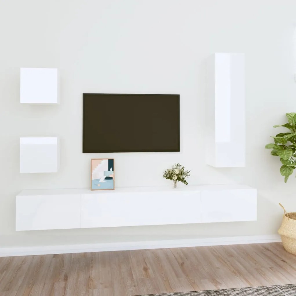 vidaXL 5 pcs conjunto móveis de TV madeira processada branco brilhante
