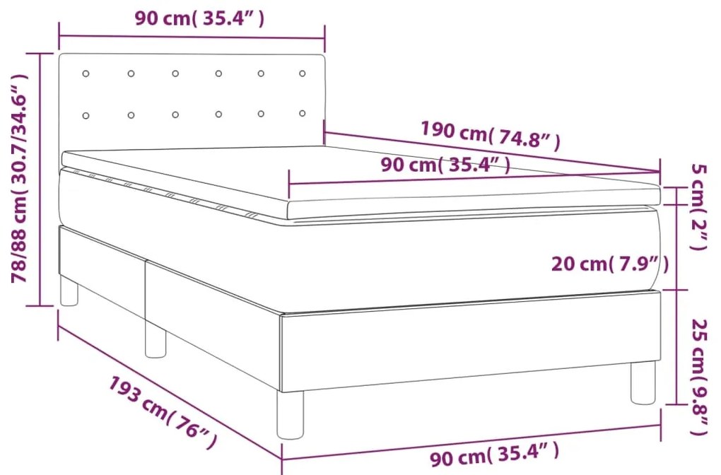 Cama box spring c/ colchão/LED 90x190 cm veludo cinzento-claro