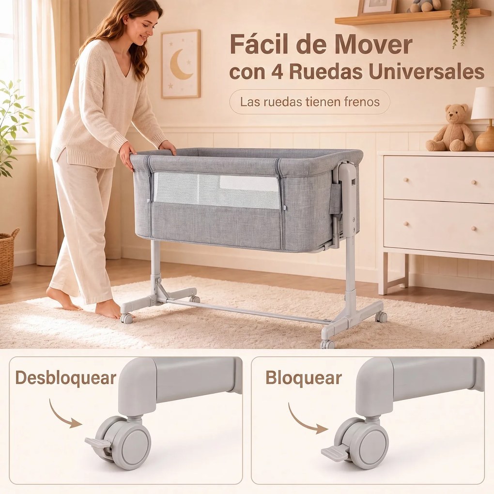 Berço para Bebés 3 em 1, 102 x 66,5 x 89 cm, Altura Ajustável em 6 Níveis, Cinzento