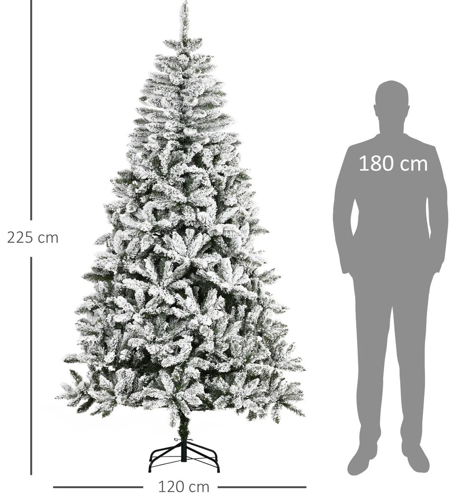 Árvore de Natal Artificial 225cm com Neve Ignífugo com 1300 Ramos Folhas de PVC Abertura Automática Base Dobrável e Suporte Metálico Decoração de Nata