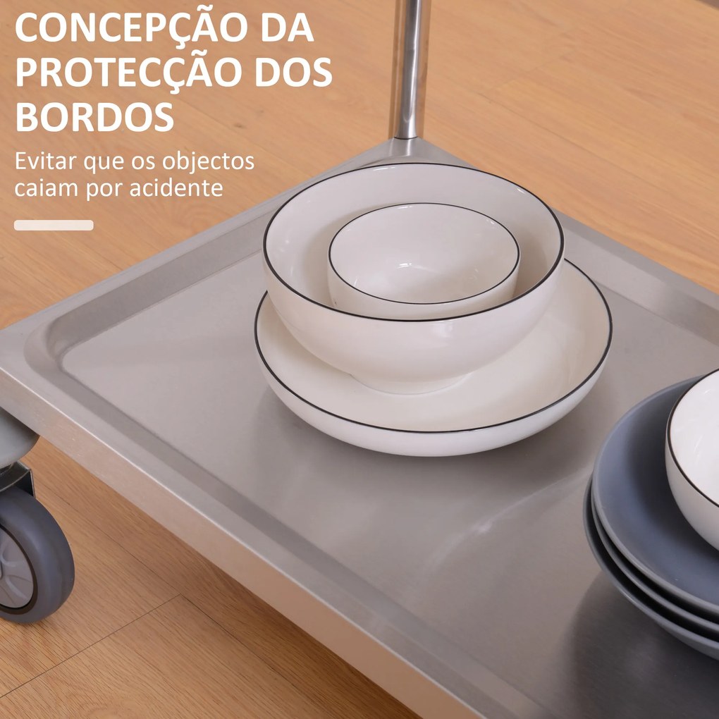 Carrinho Auxiliar com Rodas de Aço Inoxidável Carrinho de Cozinha com 2 Prateleiras e 2 Pegas 70,5x40,5x81 cm Prata