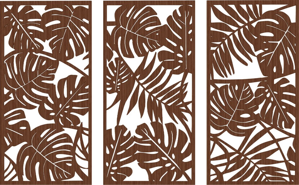 Decoração de Parede em Madeira 3D 3 Peças 40x80 cm Adornos de Parede com Padrão de Folhas Tropicais Nogueira