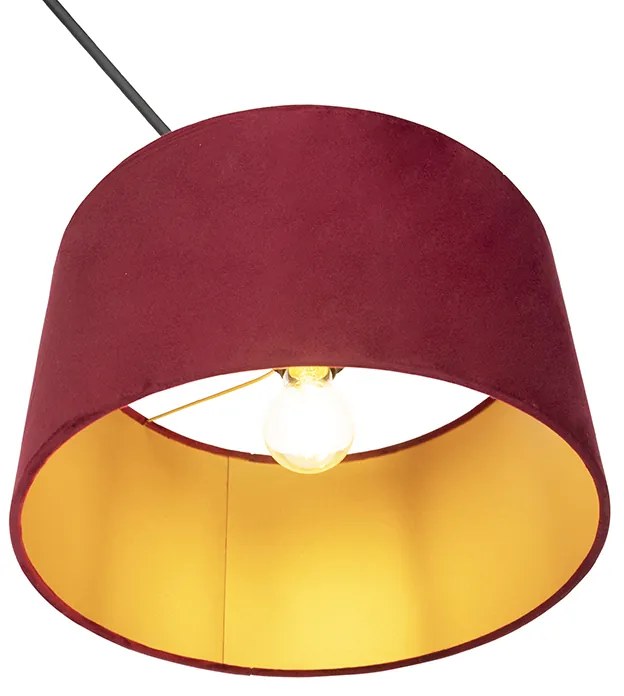 Candeeiro de suspensão preto com abajur de veludo vermelho com dourado 35 cm - Blitz Clássico / Antigo
