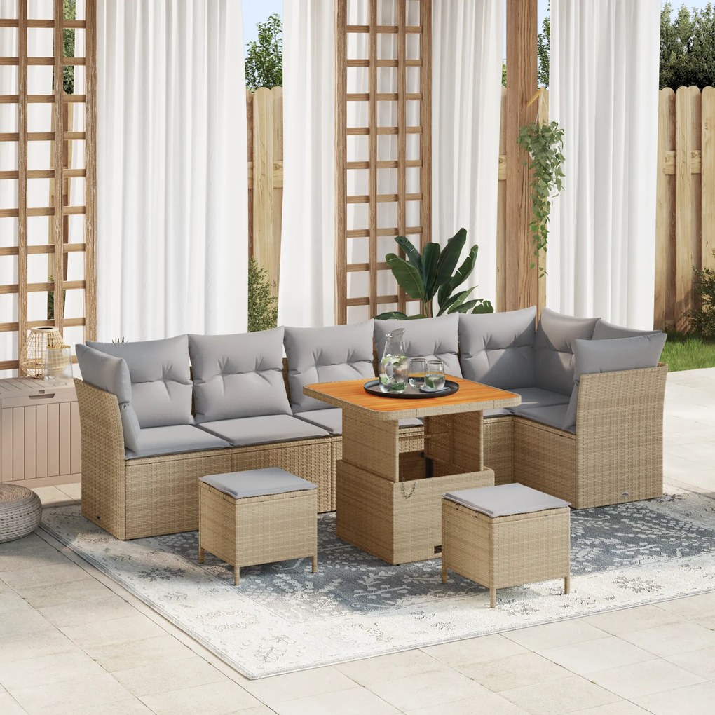 Conjunto de Sofá de Jardim de 9 Peças com Almofadas Bege Rattan Políme