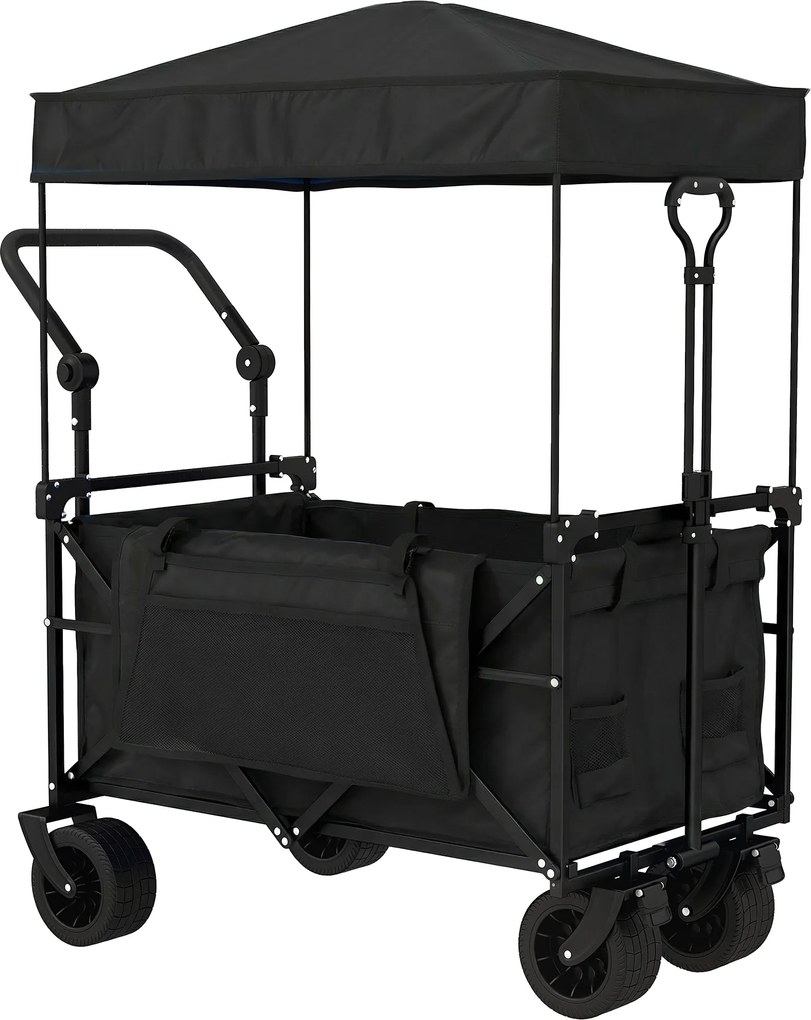 Outsunny Carrinho de Transporte com Rodas Grandes Travão Teto Amovível Carro Dobrável para Jardim com Barra Ajustável 125x59x133 cm Preto | Aosom Portugal