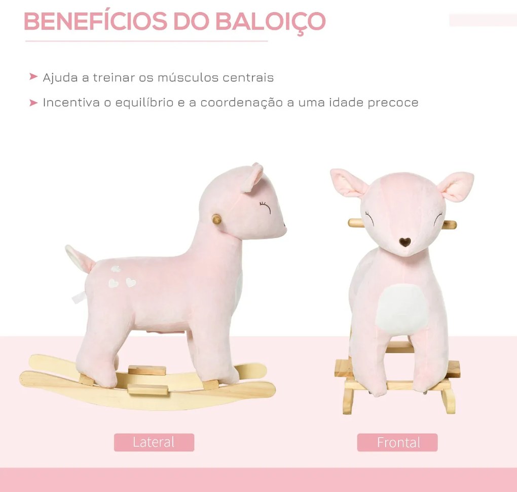 Baloiço Infantil de Cervo para Crianças acima de 3 Anos Baloiço com Sons Realistas de Pelúcia e Base de Madeira Carga 45kg 68x35,5x64cm Rosa