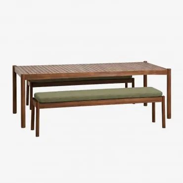 Conjunto De Mesa Retangular 220x100 Cm E 2 Bancos De Jardim Em Madeira De Acácia Karvia Castanho Acácia & Bouclé Verde Sálvia - Sklum