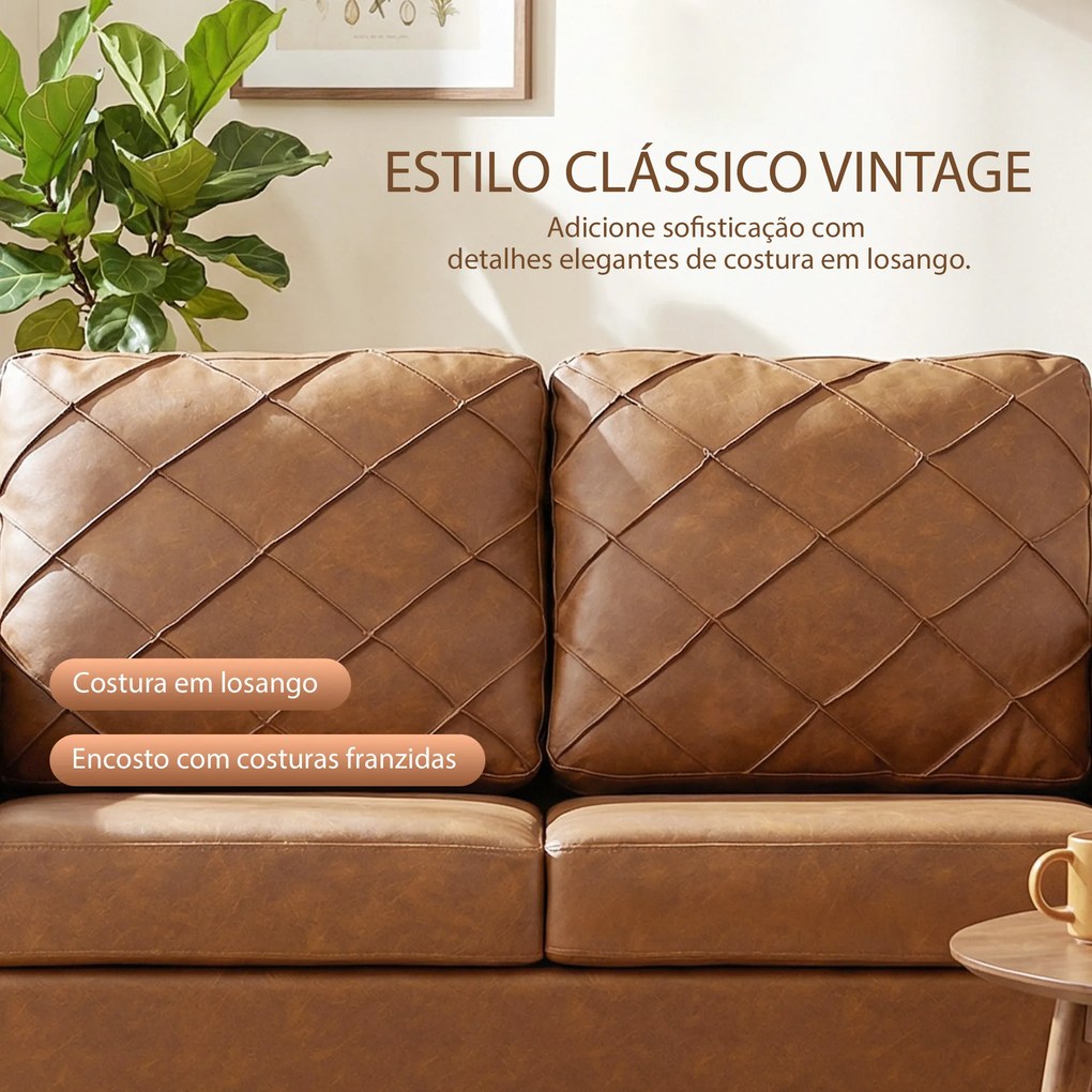 Sofá de 2 Lugares de PU com Pés de Madeira Encosto com Costuras Sofá Moderno para Sala de Estar Quarto Castanho