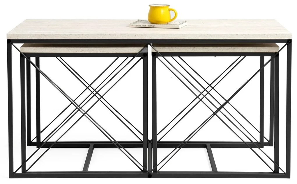 **** Conjunto de Mesas de Centro Defne – Preto Travertino – 100x52x50