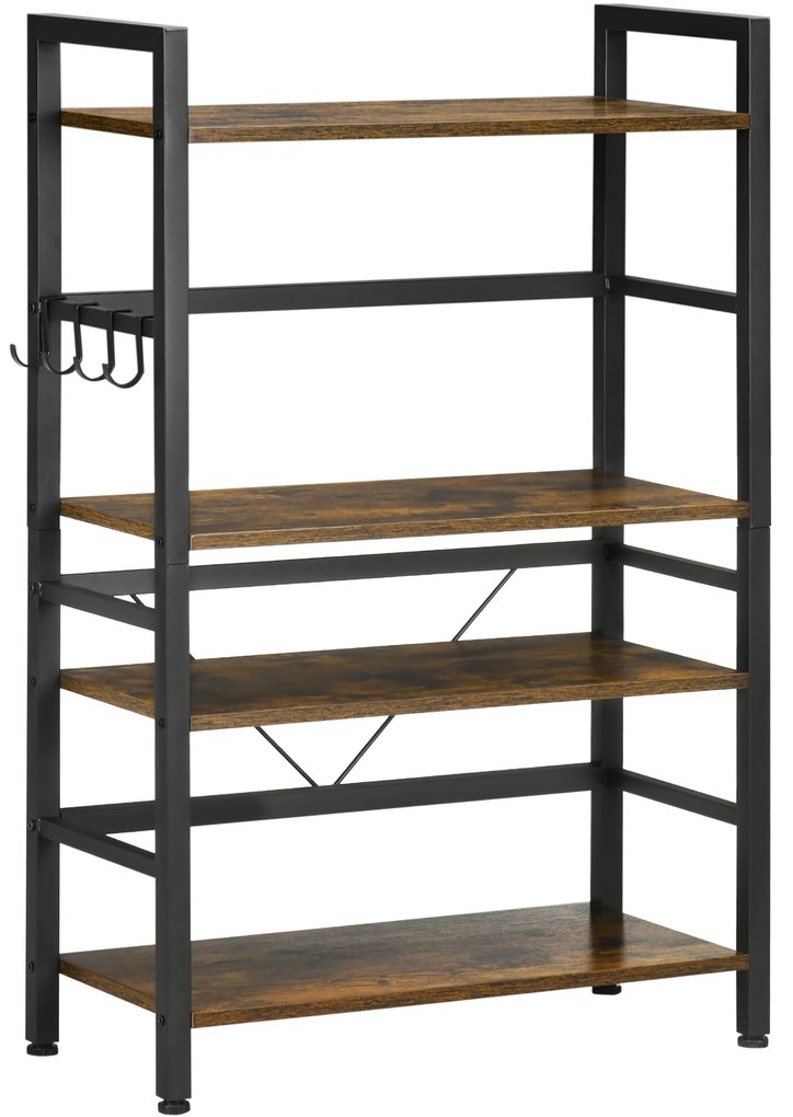 HOMCOM Estante de Cozinha com 4 Prateleiras Ganchos e Sistema Anti-Tombo Estante para Micro-Ondas 65x30x102 cm Castanho Rústico e Preto