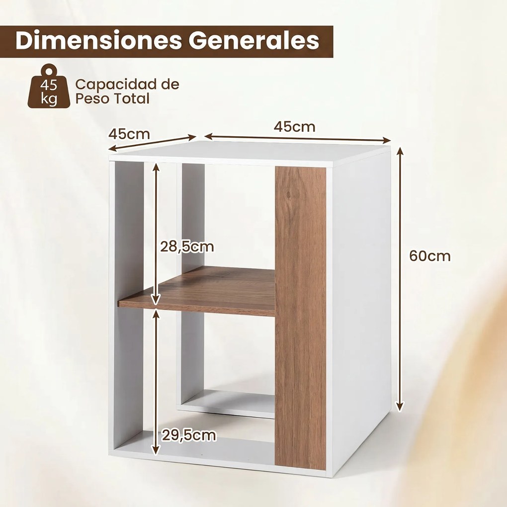 Mesa Auxiliar de 2 Níveis, 45 x 45 x 60 cm, Estante de Arrumação Aberta, Natural + Branco