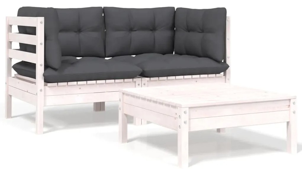 vidaXL 3 pcs conjunto lounge jardim c/ almofadões pinho maciço branco