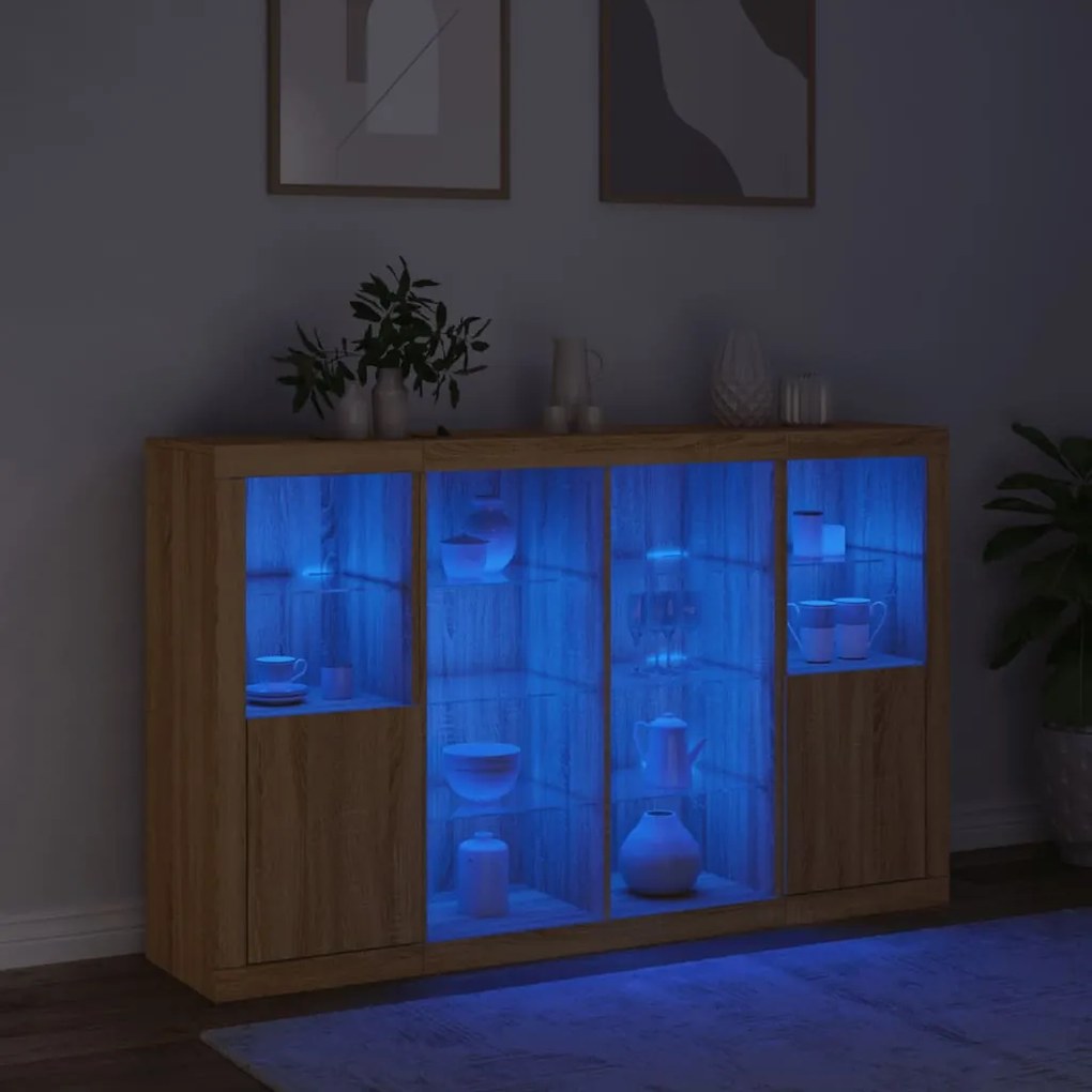Aparadores c/ LEDs 3 pcs derivados de madeira carvalho sonoma
