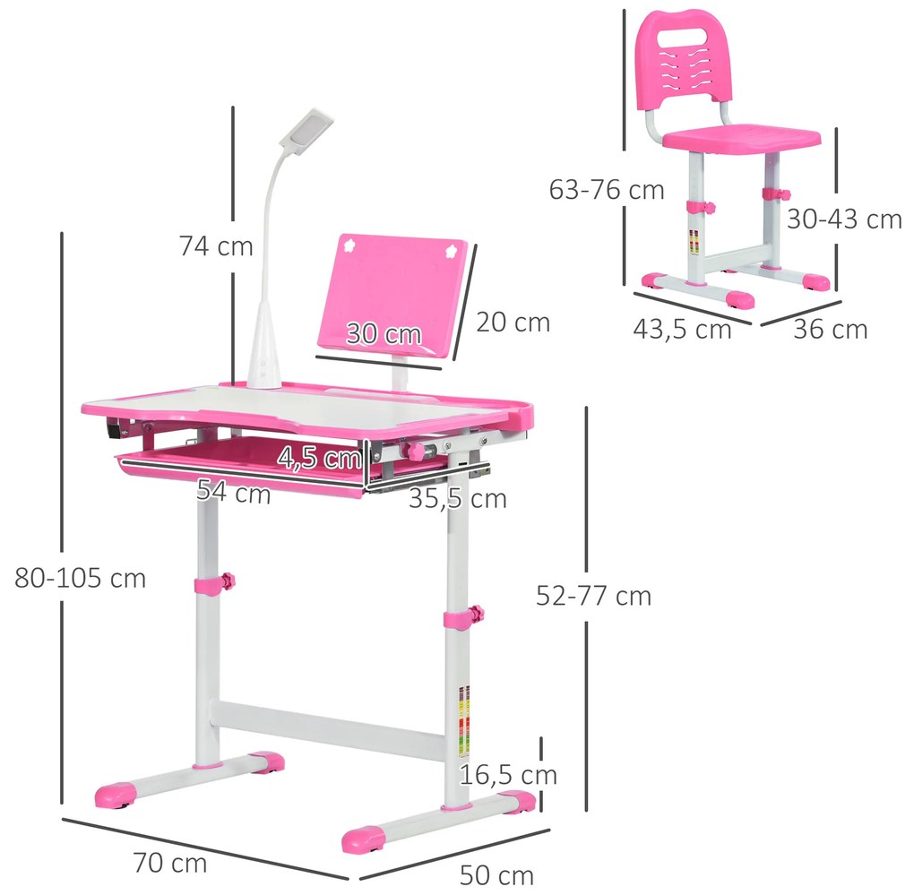 Conjunto de Secretária e Mesa para Crianças acima de 6 Anos com Altura Ajustável Mesa Inclinável e Lâmpada Rosa