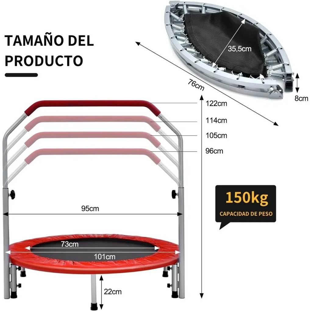 Trampolim de Fitness Interior φ101cm Mini Trampolim com Pega Ajustável em Altura Dobrável para Crianças Carga 150 kg Vermelho