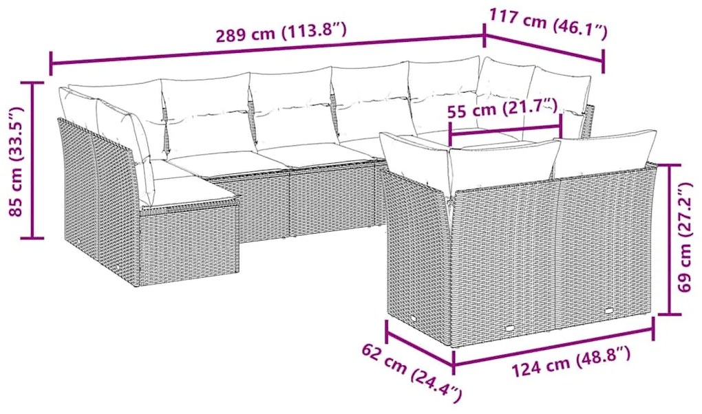 9 pcs conjunto sofás p/ jardim c/ almofadões vime PE castanho