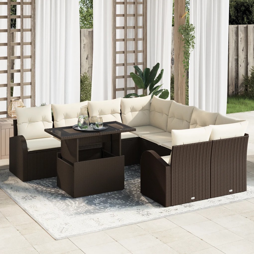 Conjunto de Sofá de Jardim vidaXL 9 Peças com Almofadas Castanho Ratta