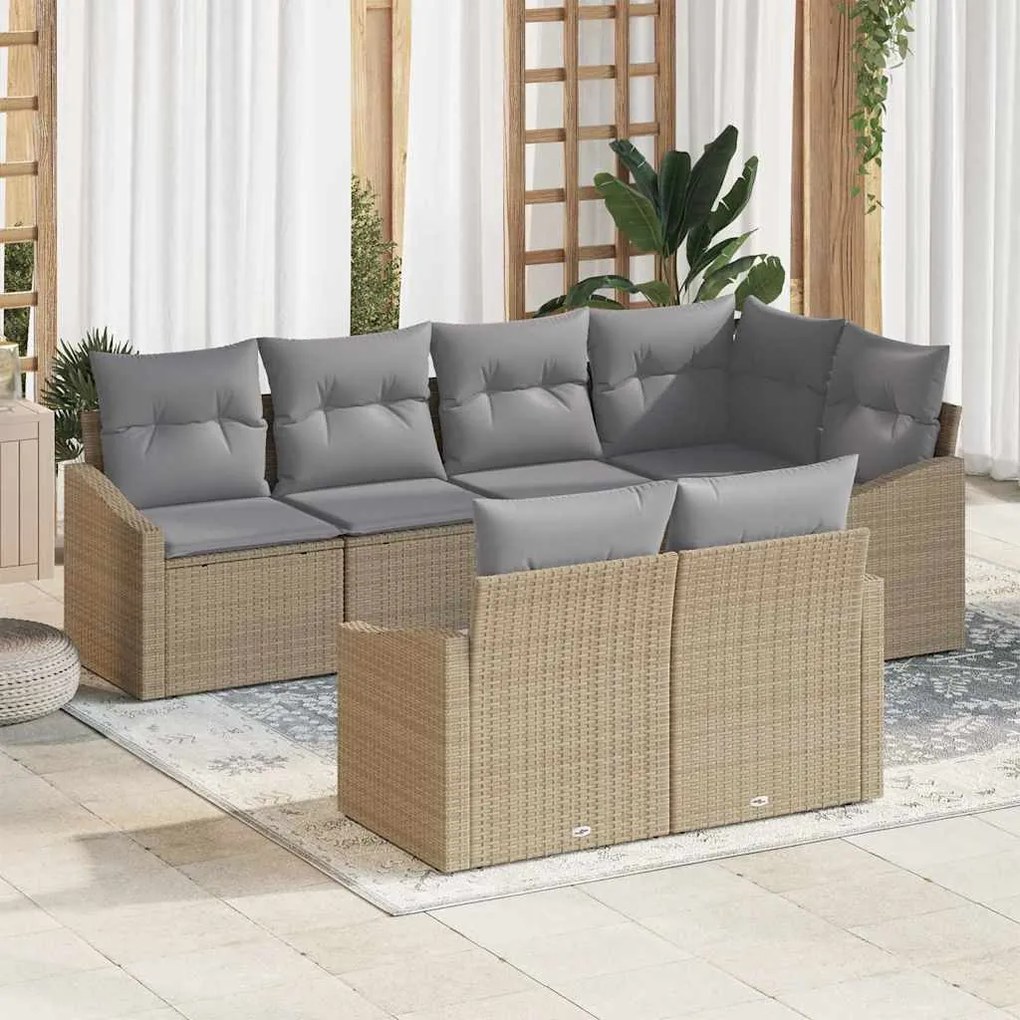 Conjunto de Sofá de Jardim 7 Peças com Almofadas Bege em Rattan Sintét