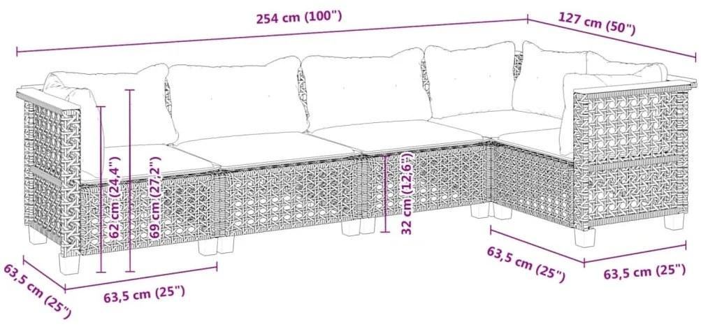 5 pcs conjunto sofás de jardim c/ almofadões vime PE cinzento