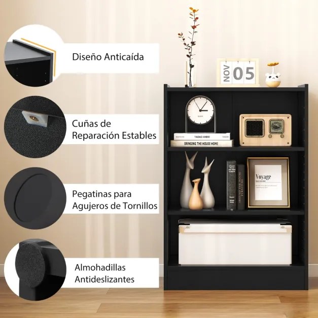 Estante de 3 níveis com prateleiras ajustáveis e dispositivo anti-queda para a sala de estar e o quarto 50 x 30 x 75 cm Preto
