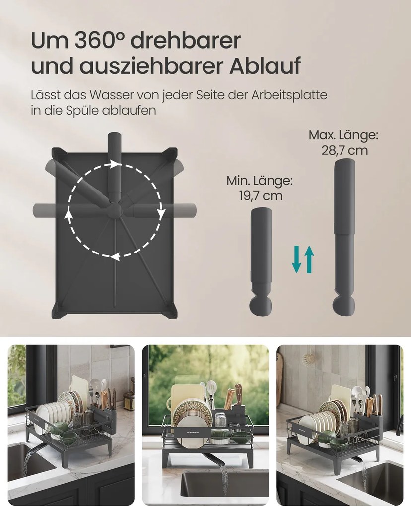 Escorredor louça giratório 31 x 42 x 18,5 cm com tabuleiro e suporte para talheres cinza antracite